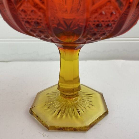 VTG Ruby Red Amberina Yellow Pressed Glass Pedestal Compote Candy Dish Scalloped - Picture 4 of 10